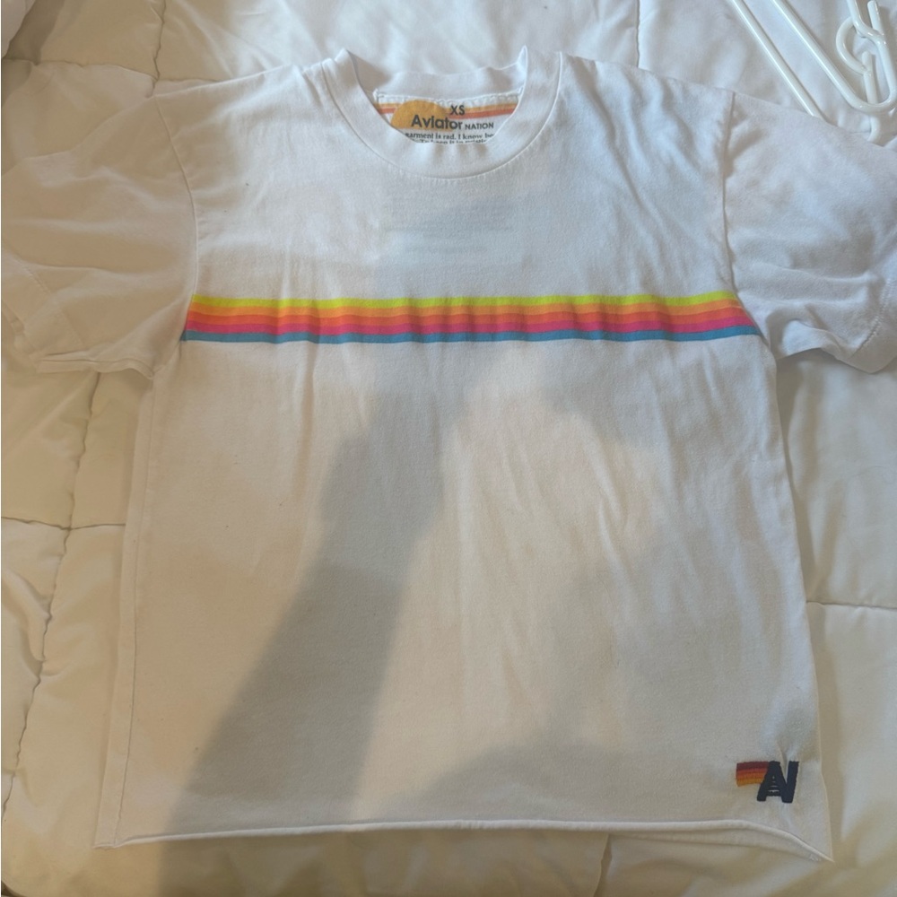 Aviator Nation White Tee with Rainbow Stripe